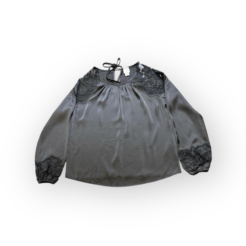 Joie Satin Embroidered Long Sleeve Blouse Black XS NWOT